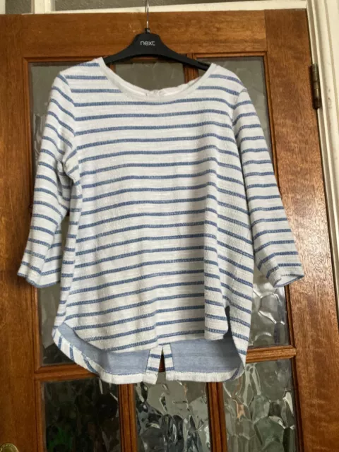 Ladies FAT FACE Stretch BLUE ECRU WHITE STRIPED BUTTON BACK Soft BOBBLED Top 10