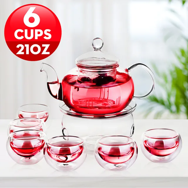 600ml Glass Teapot Set With Glass Infuser Flower Teapot Tea Maker + 6 Cups AU