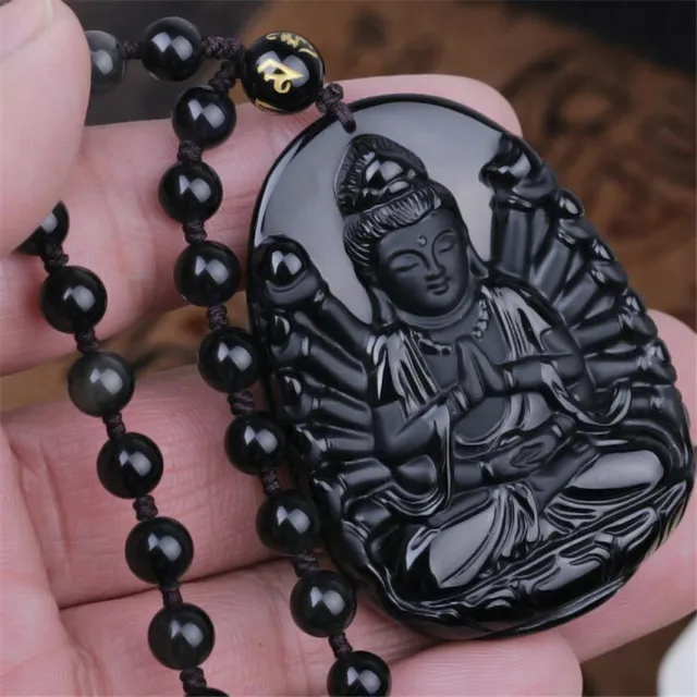 Obsidian Avalokitesvara Buddha Pendant Necklace Chinese Blessing Handmade