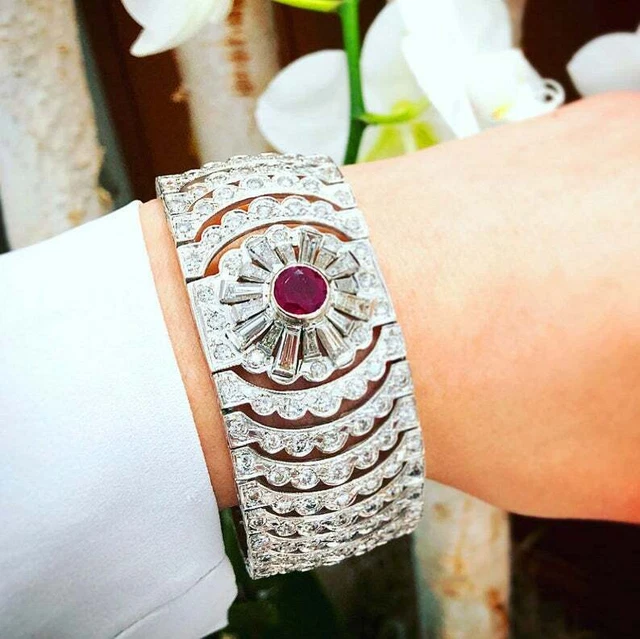 1899's Vintage Look Art Deco Old Cut CZ and Burmese Ruby 17.82 TCW Cuff Bracelet