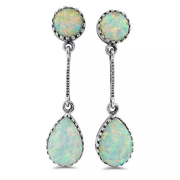 Victorian Design 925 Sterling Silver Lab Opal Antique Style Earrings        #589