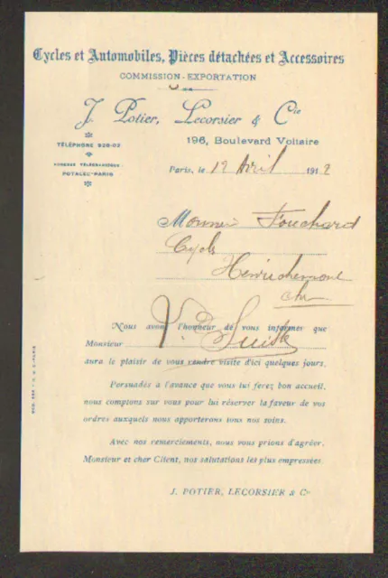PARIS (XI°) ACCESSOIRES CYCLES AUTOMOBILES "J. POTIER , LECORSIER & Cie" en 1912