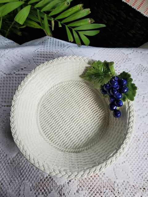 Vtg 1970 Italian Pottery Bowl Basket Weave Pattern Majolica Grapes & Leaves 10"