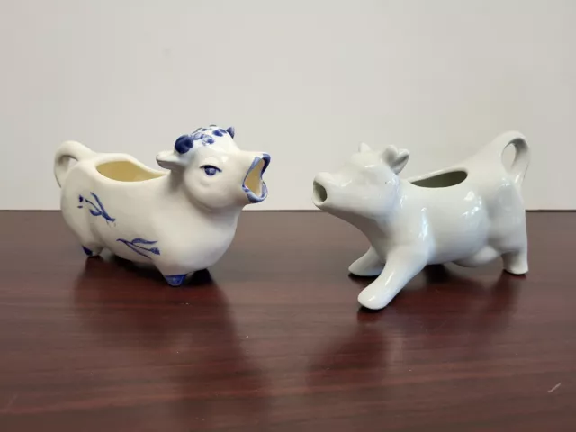 Lot of 2 Small Cow/Bull Milk Creamers Pitcher Made in China / Japan blue & White