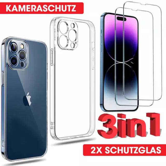 Schutzhülle Klar für iPhone 15 14 13 12 11 Pro X 8 7 Kameraschutz 2x Panzerfolie