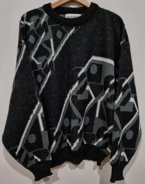Playback Knit Sweater Jumper Wool Blend Grey Black Geometric Mens XL Vintage 80s