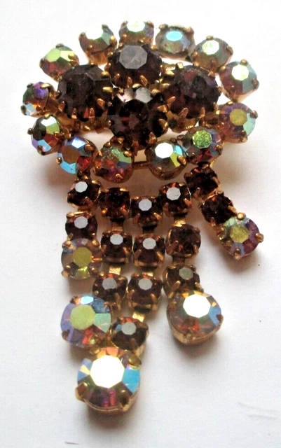 Broche Vintage Ornée De Cristaux Topaze Et Diamants - Bijou Ancien Magnifique - Réf. 3090