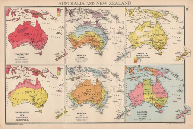 1942 Map ~ Australia Temperature Rainfall January/July Population Political