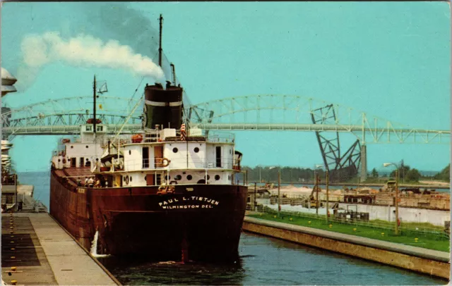 Freighter "Paul L. Tietjen" leaving Soo locks on Lake Superior Miichigain unpost