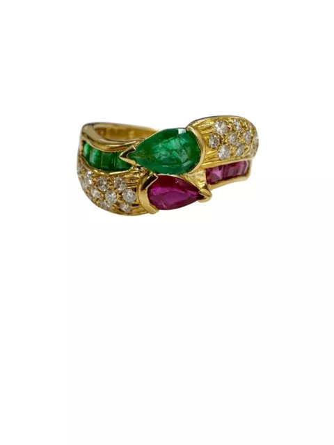 Estate 1.05 ctw Natural Diamond Ruby Emerald Bypass Band Ring 18k Yellow Gold