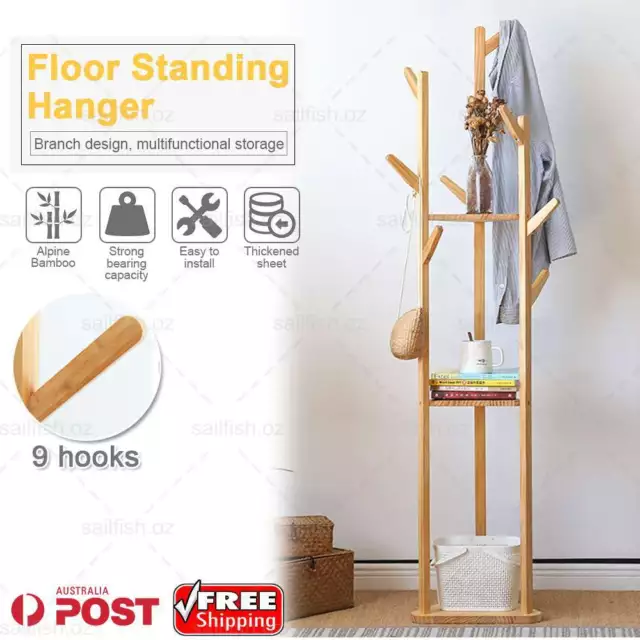 Clothes Coat Hat Rack Tree Stand Shelf Wooden Hanger Organizer 3 Layer 9 Hooks