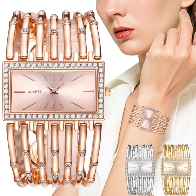 Ladies Womens Bracelet Watches Wrist Watch Quartz Rhinestone Analogue Rose Gold