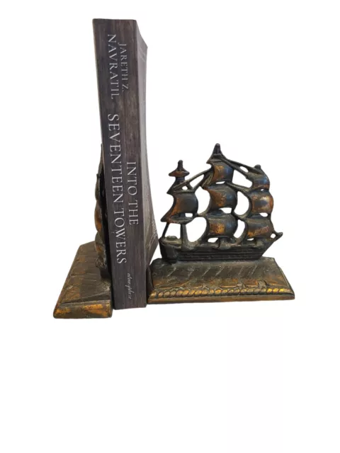 Vintage Clipper Ship Sailing Old Ironsides Bookends Nautical Heavy Metal Bronze