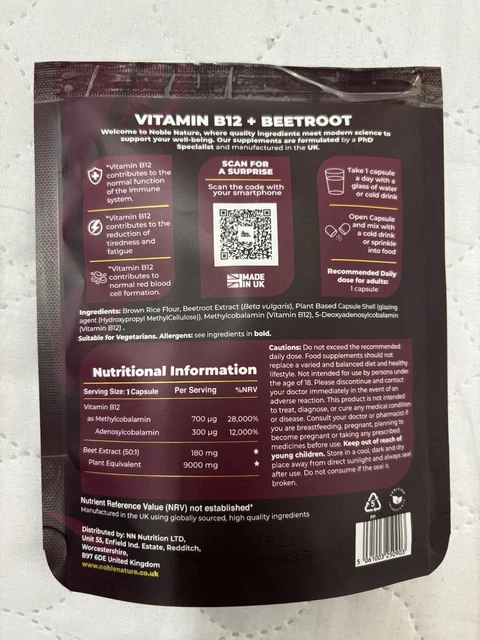 NOBLE NATURE VITAMIN B12 + Beetroot - 90 Capsules - Dual Active B12 ...