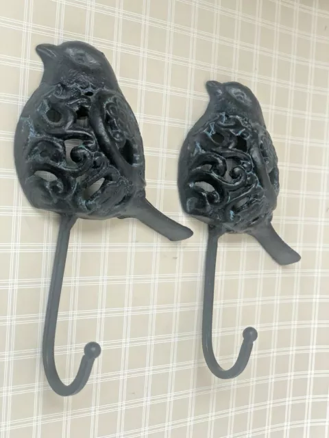 2 Vintage Cast Iron Bird Sparrow Coat Hat Hook Hangers Bronze Finish W/ Patina