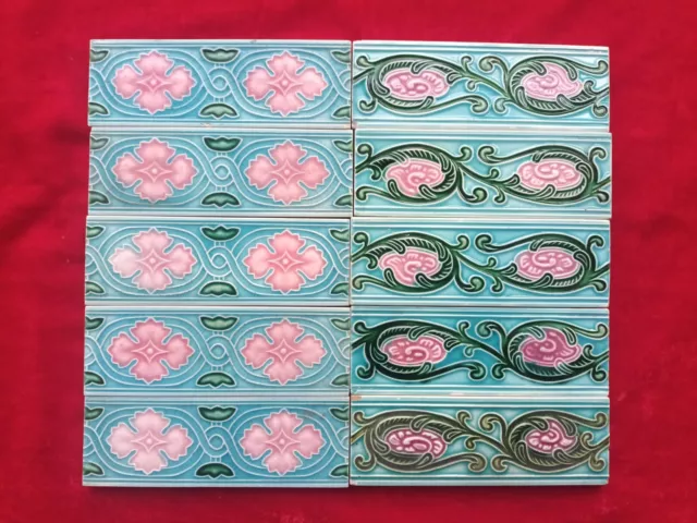 10 Pieces Lot Art Deco Floral Design Embossed Majolica Ceramic Tiles Japan 0322