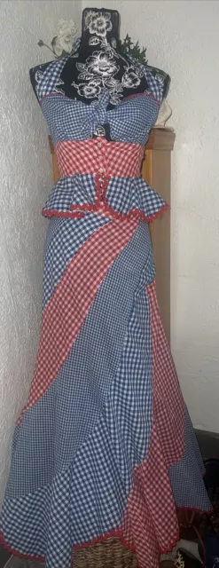 VTG 60s 70s GINGHAM TIE TOP FLMENCO SKIRT SET CHECKER SET XS Beautiful Read