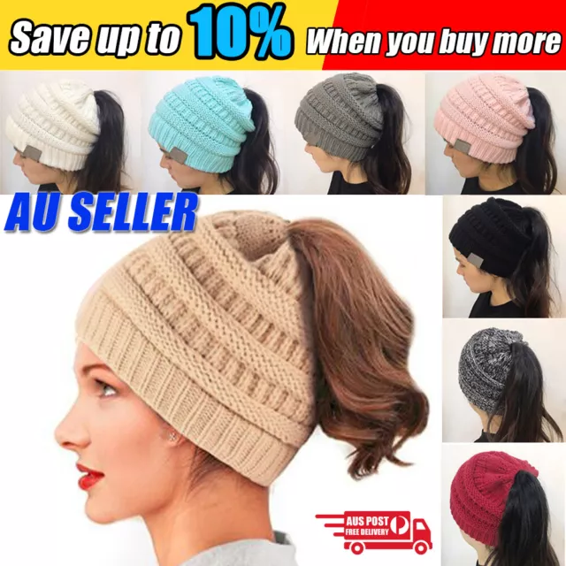 Women Girls Ponytail Beanie Winter Soft Stretch Cable Knit Crochet High Bun Hat