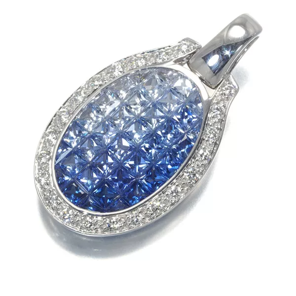 Auth Jeunet Pendant Sapphire Diamond Mystery-setting 18K 750 White Gold