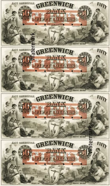 $50-50-50-50  East Greenwich Bank Rhode Island RI Obsolete Currency Sheet REPRO