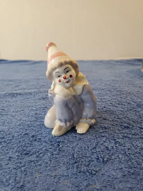 VTG Porcelain Clown Figurine Sitting Blue, Pink & Red Pastel Perfect Condition!!