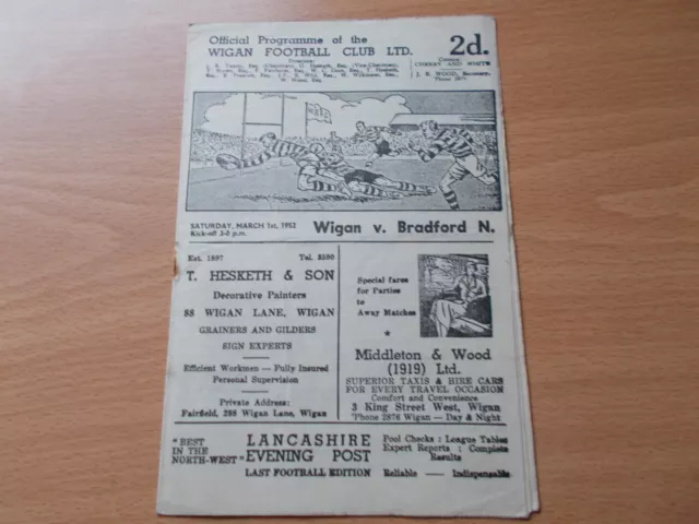 Wigan v Bradford Northern  Programme dated 1-3-1952.   (RL1798)