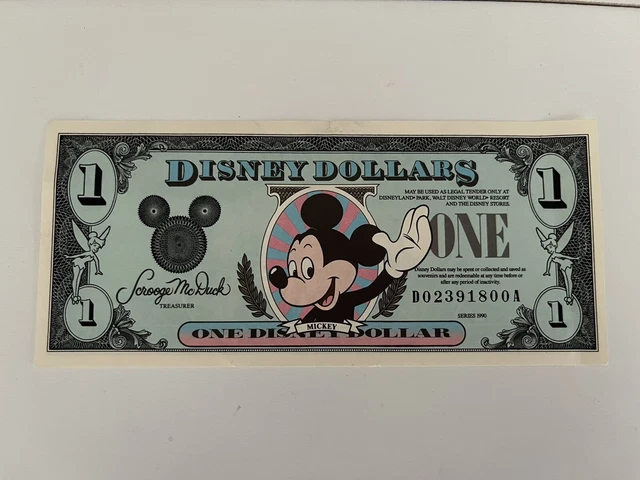Vintage Disney World Dollar (One) Series 1990 Uncirculated Crisp Smoke Free Home