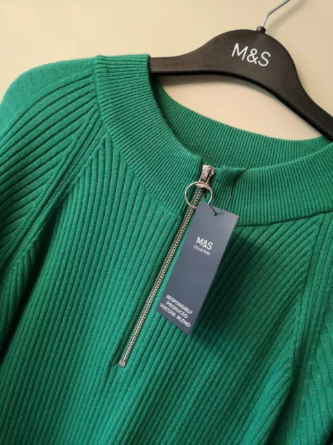 Ladies M&S Size Xl 20 22 Green Zipped Neck Ribbed Supersoft Jumper Free Post