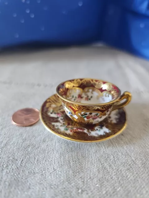Vintage Crown Staffordshire Miniature Floral Gold and Red Cup & Saucer Set