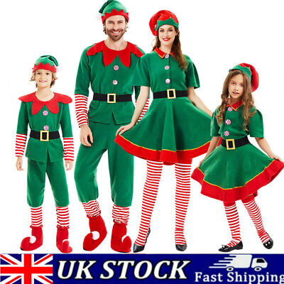 Christmas Elf Costume Adult Kids Family Fancy Dress Santa Helper Cosplay Outfits