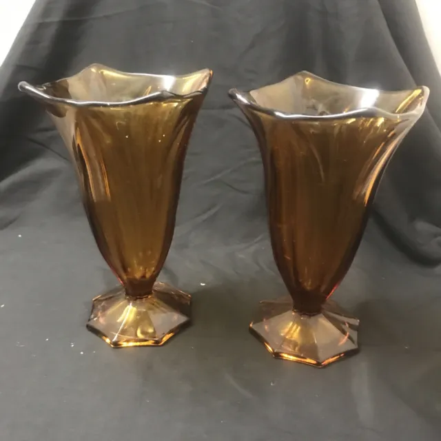 Art Deco - Pair of Amber Glass Trumpet Shaped Vases - Very Good Condition