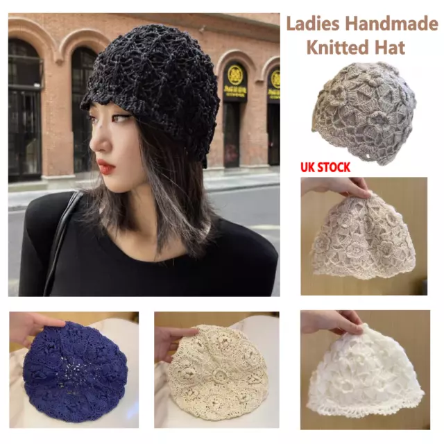 Ladies Knitted Hat Handmade 2-Layed Lace Crochet Hand Knitted Hollow Flower Hat