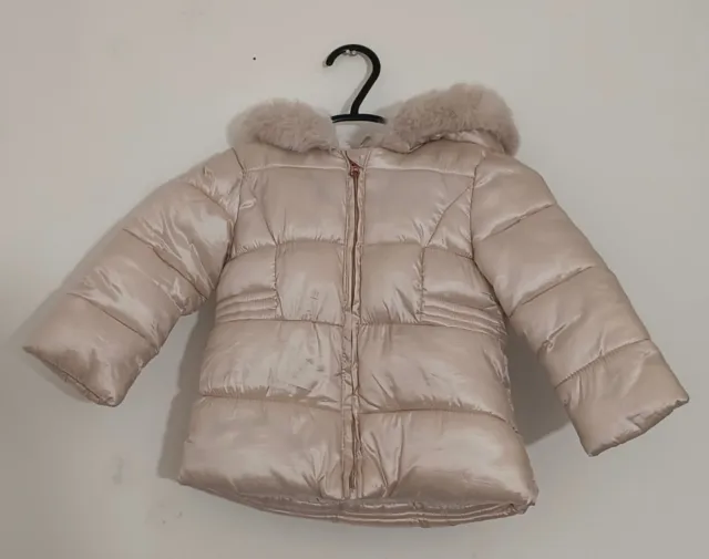 F&F Girls 12-18 Months Jacket Hood Zip Long Sleeve Puffer 2 Bobble Faux Fur Coat