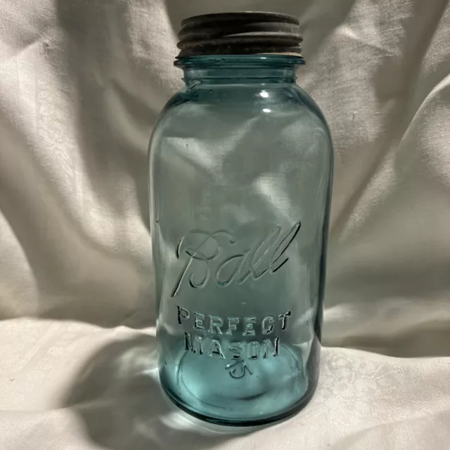 Ball Perfect Mason Quart Jar #12 Vintage Aqua Blue Zinc Lid 1923-34 Half Gallon