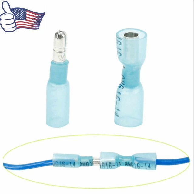 (50) BLUE HEAT Shrink Bullet Wire Connectors Spades 1614 Gauge