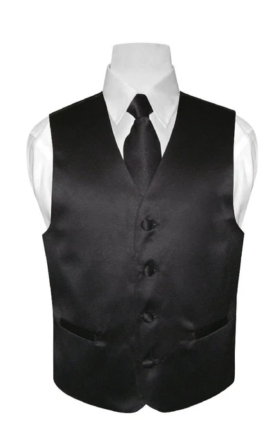 BOY'S Dress Vest & NeckTie Solid BLACK Color Neck Tie Set for Suit / Tux size 14