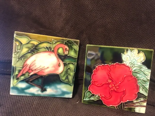 Two Coasters With Bird Flamingo And Hibiscus Flower Or Art Decor Ceramic Tiles