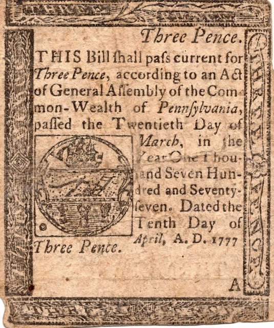 Continental Currency - April 10 1777 Pennsylvania Colony Three Pence Note