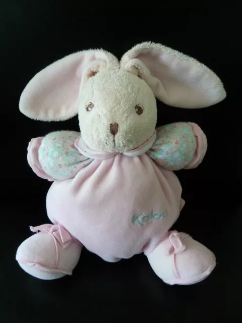 Z6- DOUDOU BOULE KALOO LAPIN  ROSE BRAS BLEU FLEURS LILIBLUE 19cms GRELOT - TBE