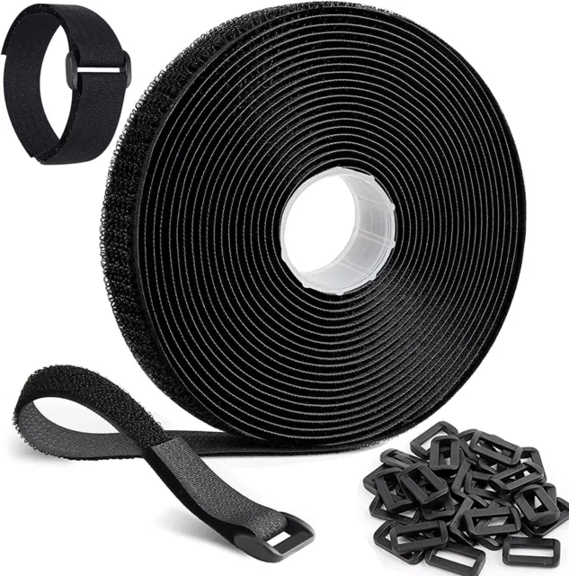 25mmx5m with 25pcs Plastic Buckle Hook & Loop Strap Roll Black & White