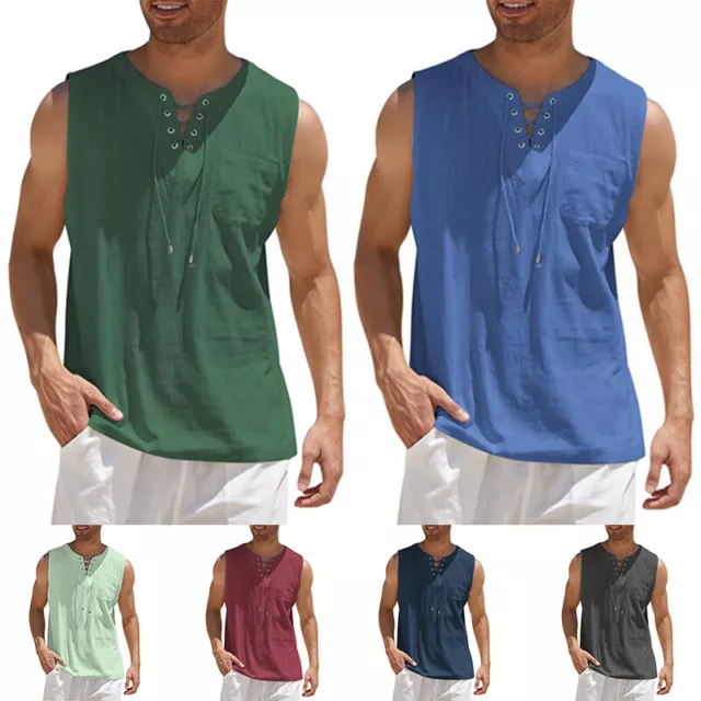 Palestra Top Camicie Uomo Gilet Formazione Tee Canottiera Cotone Lino Scollo A V