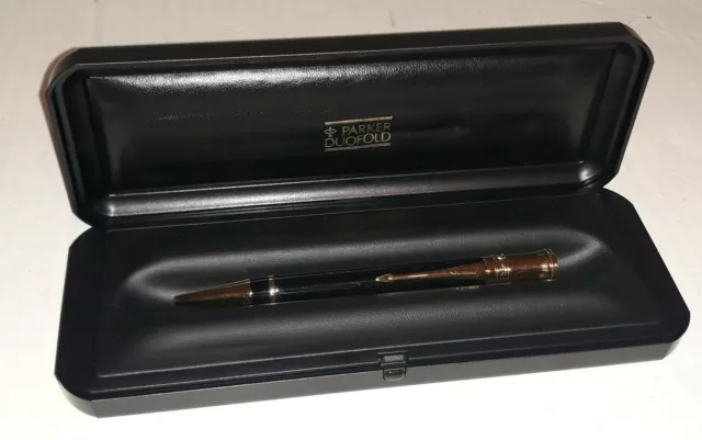 Parker Duofold Classic Black w/ Gold Trim GT Ballpoint Pen w/ Case Box Ltd BAYER