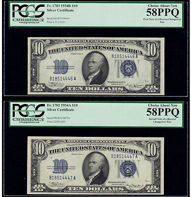 1934-B/1934-A $10 Silver Certificate VINSON Changeover Pair Fr 1703/1702 UNIQUE