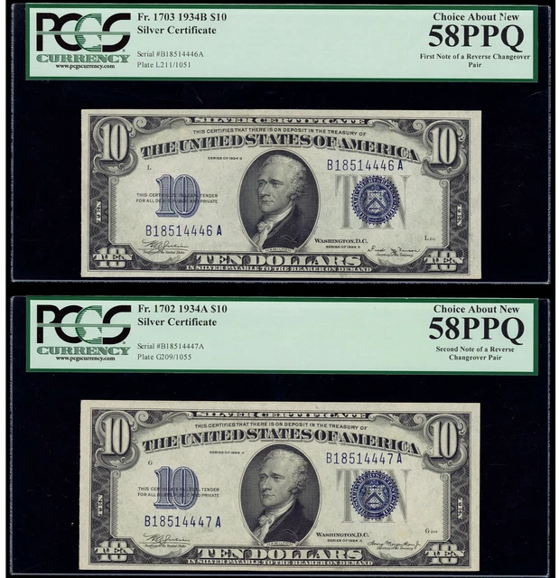 1934-B/1934-A $10 Silver Certificate VINSON Changeover Pair Fr 1703/1702 UNIQUE