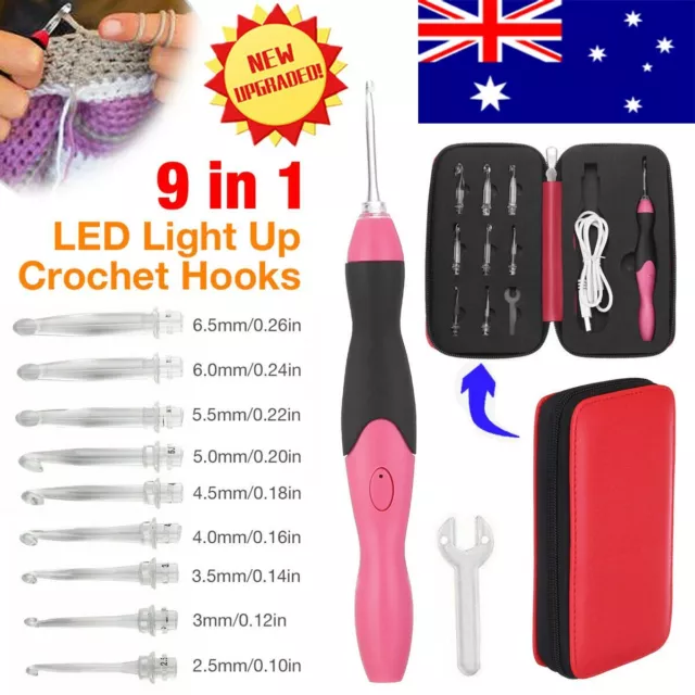 9 in 1 USB LED Light Up Crochet Hooks Knitting Needles Weave Sewing Tools Set W&