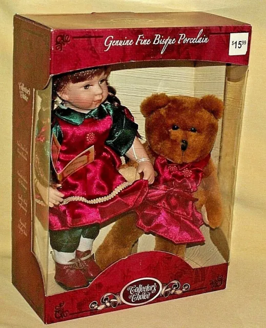 Porcelain Doll Set Teddy Bear Stand Box Dan Dee Intl Red Outfit Hand Painted*