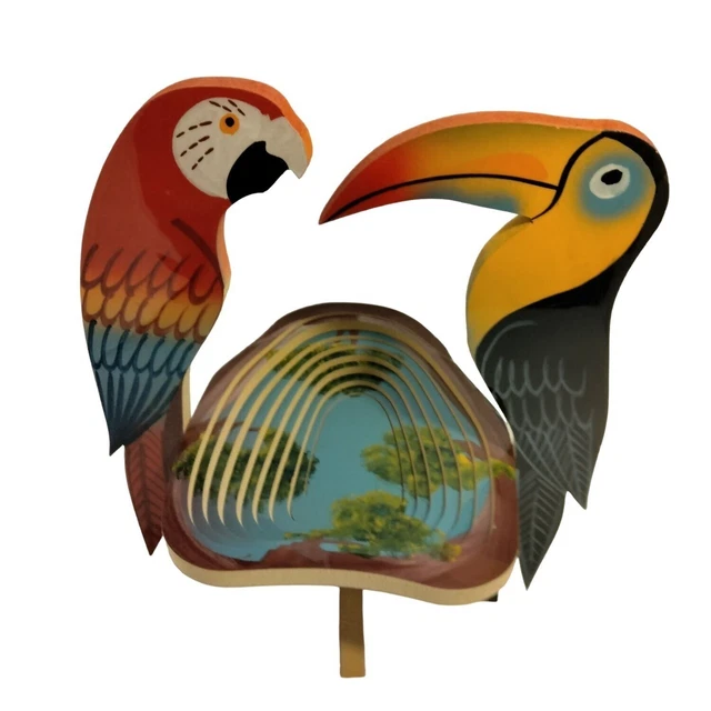 Collapsible Wooden Standing Bowl Parrot Toucan Colorful Tropical Tiki Coastal