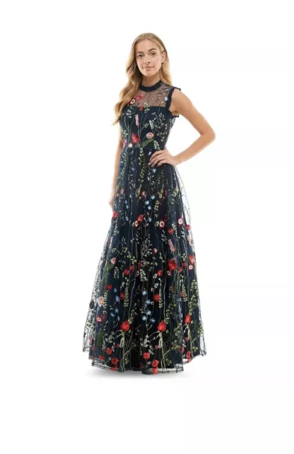 CITY STUDIOS Juniors' Embroidered Mesh Ruffled Gown Navy/Red Size 1 $159