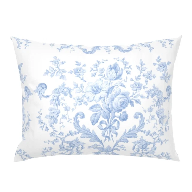 Faded French Toile White Shabby Chic Blue Flowers Pillow Sham by Spoonflower