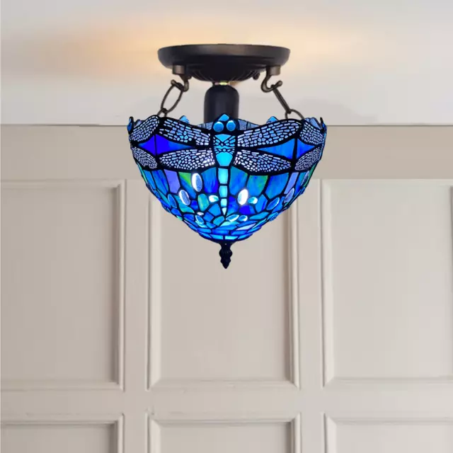 Blue Tiffany Dragonfly Antique Style 10 inch Ceiling Lamp Stained Glass Shade